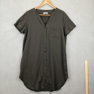 Ekouaer Tunic Top Womens Medium Black V Neck‎ Pleated Button Front Curved Hem